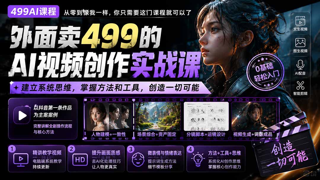 外面卖499的AI视频创作实战课：建立系统思维，掌握方法和工具，创造一切可能。-迦哆网创社