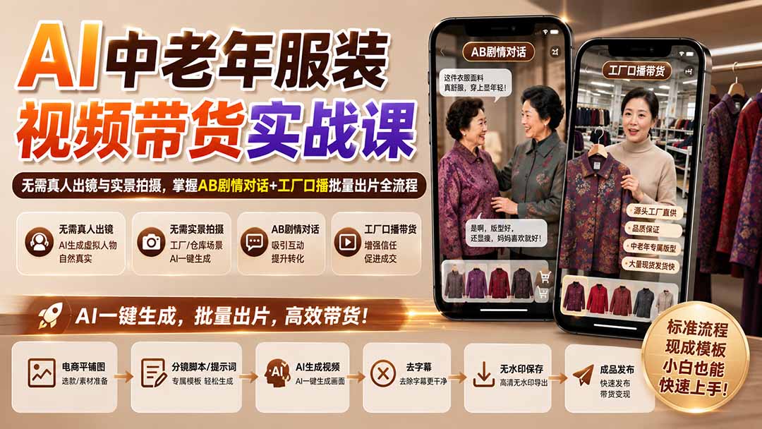 AI中老年服装视频带货实战课：无需真人出镜与实景拍摄，掌握AB剧情对话+工厂口播批量出片全流程-迦哆网创社