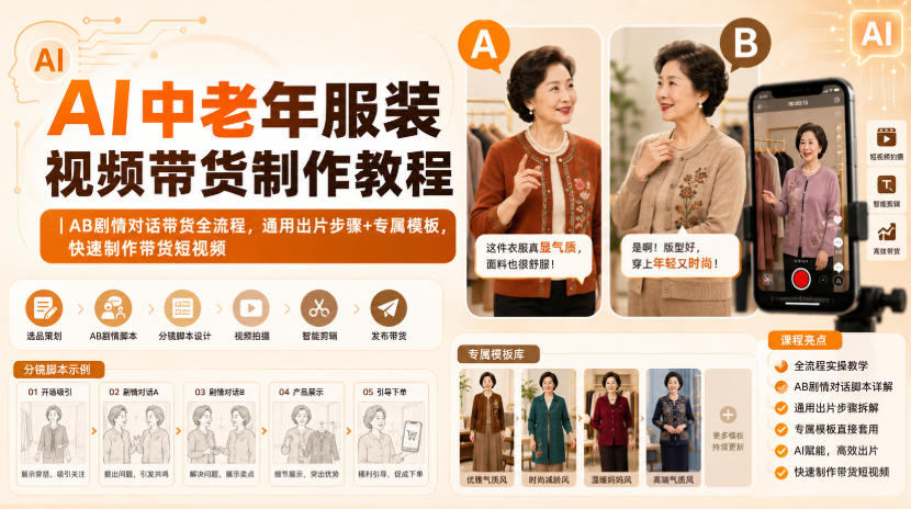 AI中老年服装视频带货制作教程|AB剧情对话带货全流程,通用出片步骤+专属模板,快速制作带货短视频-迦哆网创社