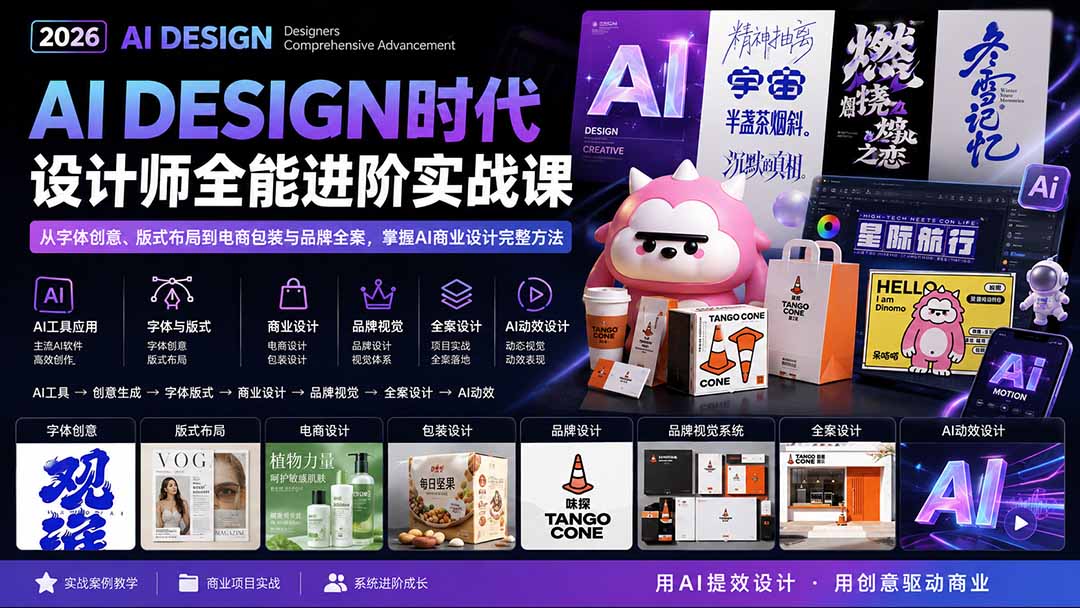 2026AI DESIGN时代设计师全能进阶实战课：从字体创意、版式布局到电商包装与品牌全案，掌握AI商业设计完整方法-迦哆网创社