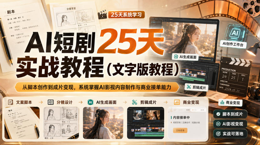 AI短剧25天实战教程(文字版教程),从脚本创作到成片变现,系统掌握AI影视内容制作与商业接单能力-迦哆网创社