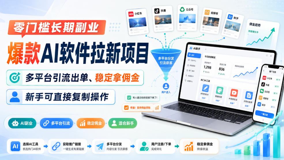 零门槛长期副业，爆款AI软件拉新项目，多平台引流出单、稳定拿佣金，新手可直接复制操作-迦哆网创社
