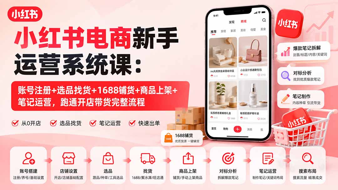 小红书电商新手运营系统课：账号注册+选品找货+1688铺货+商品上架+笔记运营，跑通开店带货完整流程-迦哆网创社