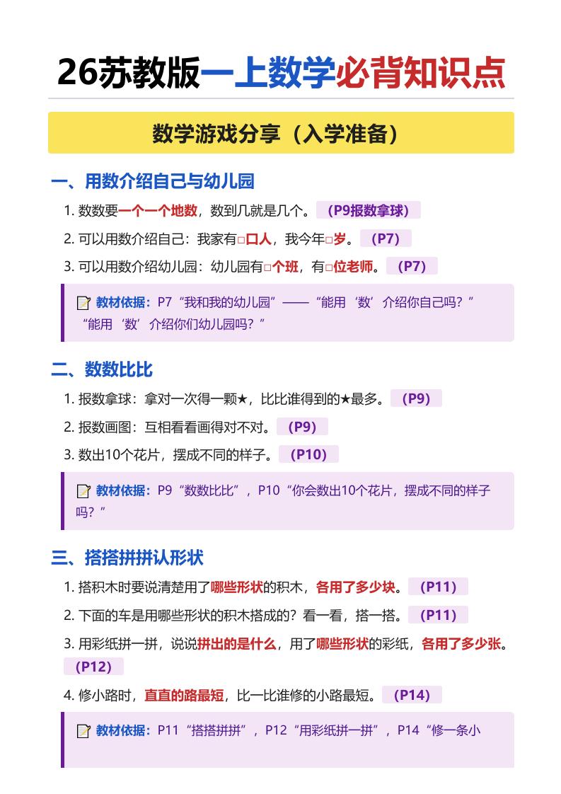 26苏教版一上数学必背知识点(全册)-迦哆网创社