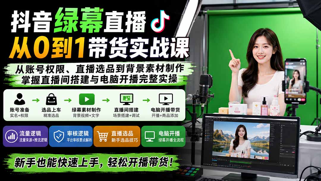 抖音绿幕直播从0到1带货实战课:从账号权限、直播选品到背景素材制作,掌握直播间搭建与电脑开播完整实操-迦哆网创社