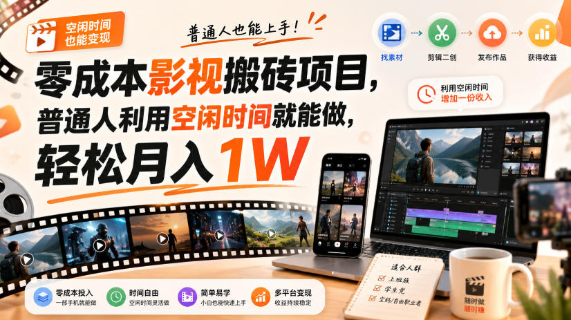 零门槛影视搬砖项目，月入万元，玩法稳定普通人可落地的长期副业！-迦哆网创社