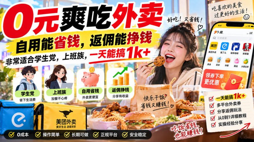 0元爽吃外卖,自用能省钱,返佣能挣钱,非常适合学生党,上班族,一天能搞1k+-迦哆网创社