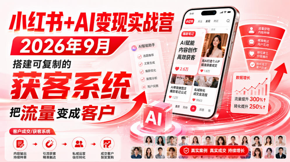 小红书+AI变现实战营2026年9月，搭建可复制的获客系统，把流量变成客户！-迦哆网创社