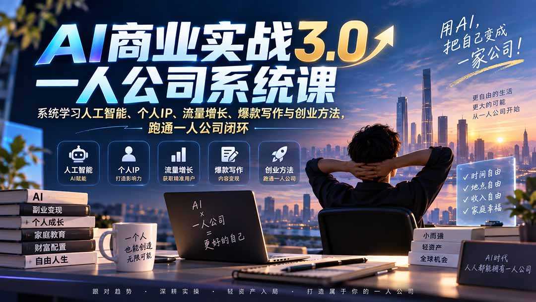 AI商业实战3.0一人公司系统课：系统学习人工智能、个人IP、流量增长、爆款写作与创业方法，跑通一人公司闭环-迦哆网创社