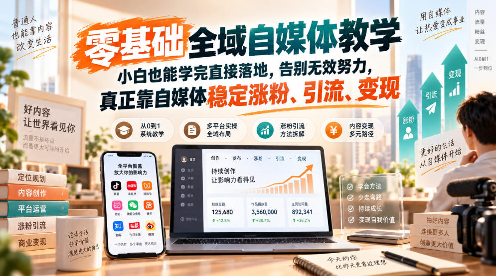 零基础全域自媒体教学,小白也能学完直接落地,告别无效努力,真正靠自媒体稳定涨粉、引流、变现-迦哆网创社