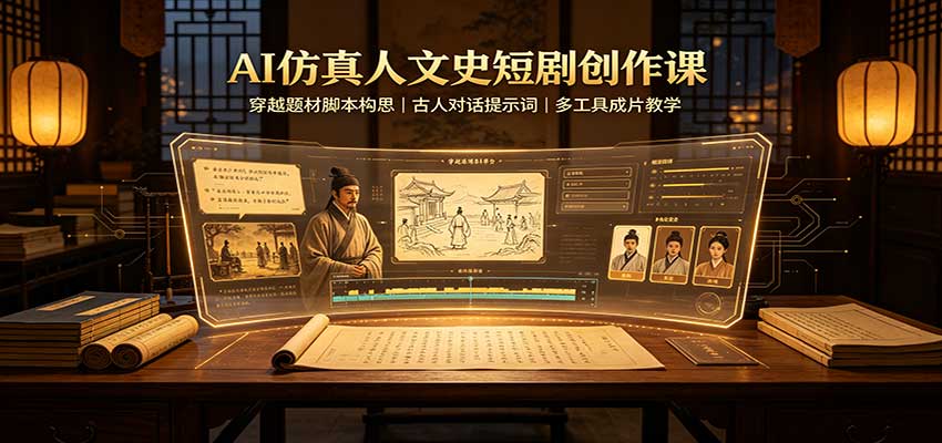AI仿真人文史短剧创作课：穿越题材脚本构思，古人对话提示词，多工具成片教学-迦哆网创社