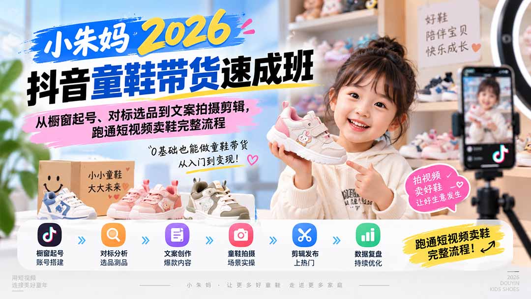 小朱妈2026抖音童鞋带货速成班:从橱窗起号、对标选品到文案拍摄剪辑,跑通短视频卖鞋完整流程-迦哆网创社