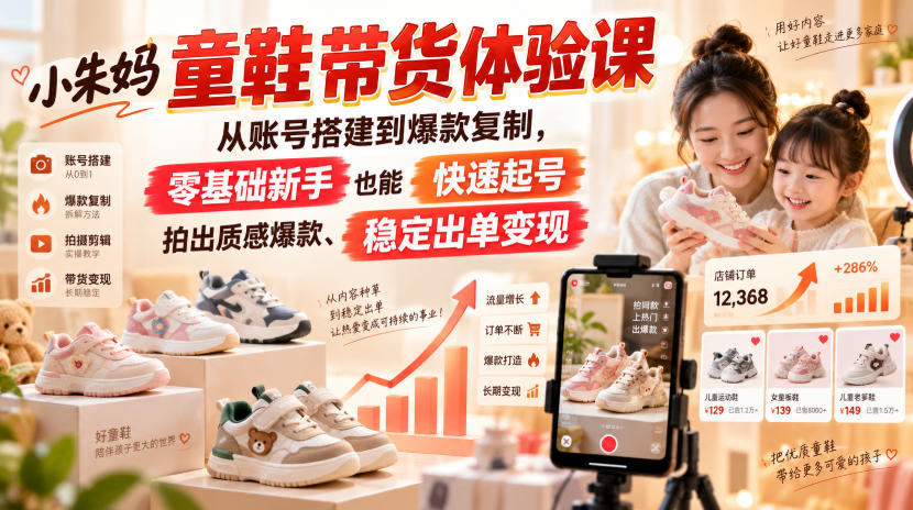 小朱妈童鞋带货体验课,从账号搭建到爆款复制,零基础新手也能快速起号、拍出质感爆款、稳定出单变现-迦哆网创社