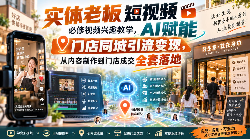 实体老板短视频必修视频兴趣教学,AI赋能门店同城引流变现,AI+短视频+直播打爆实体客流量-迦哆网创社