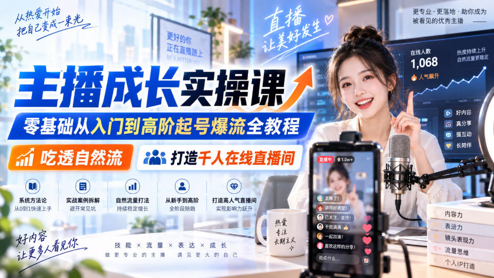 主播成长实操课|零基础从入门到高阶起号爆流全教程,吃透自然流,打造千人在线直播间-迦哆网创社