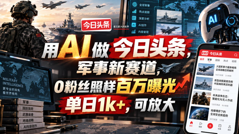 用AI做今日头条,军事新赛道,0粉丝照样百万曝光,单日1k+,可放大-迦哆网创社