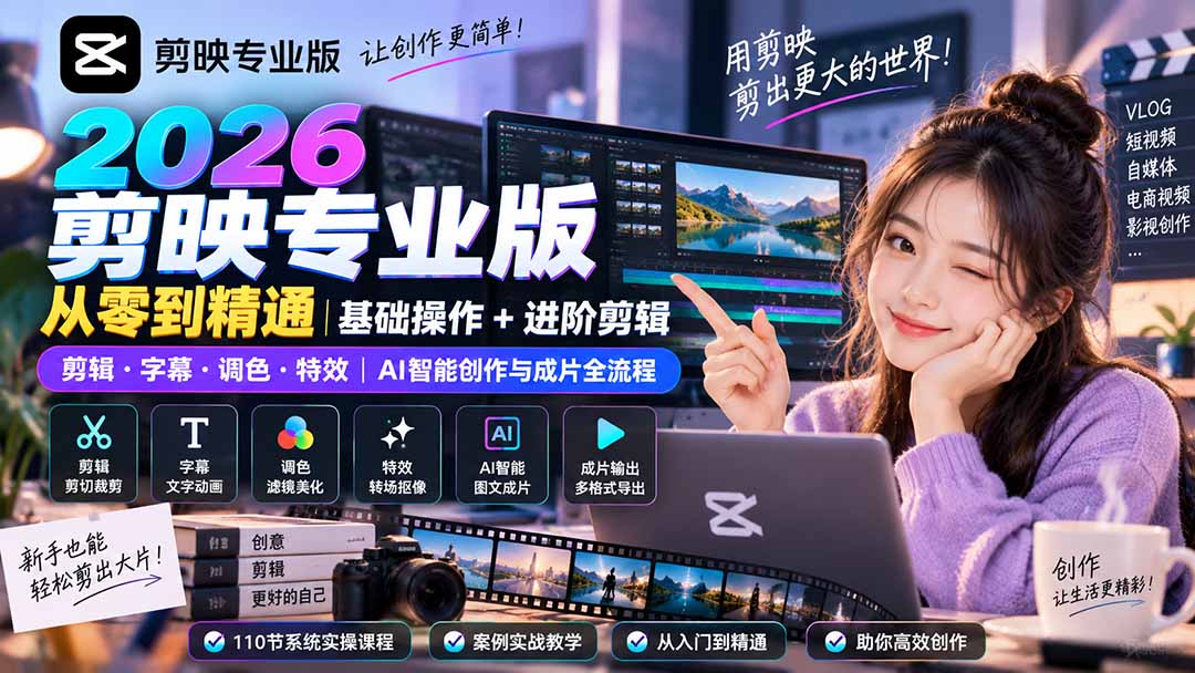 2026剪映专业版从零到精通｜基础操作+进阶剪辑｜剪辑·字幕·调色·特效｜AI智能创作与成片全流程-迦哆网创社