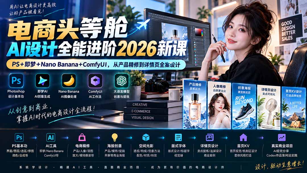 电商头等舱AI设计全能进阶2026新课：PS+即梦+Nano Banana+ComfyUI，从产品精修到详情页全案设计-迦哆网创社