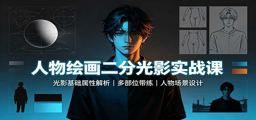人物绘画二分光影实战课：光影基础属性解析，多部位带练，人物场景设计-迦哆网创社