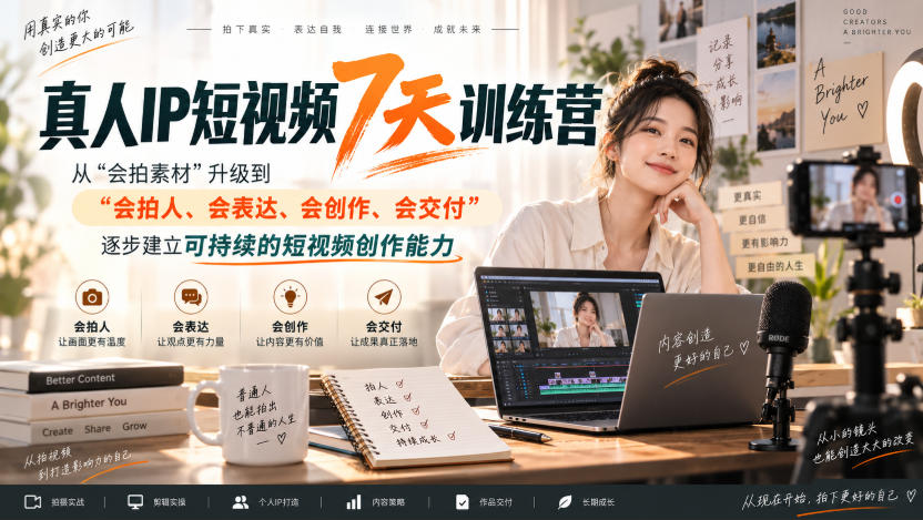 真人IP短视频7天训练营,从“会拍素材”升级到“会拍人、会表达、会创作、会交付”,逐步建立可持续的短视频创作能力-迦哆网创社