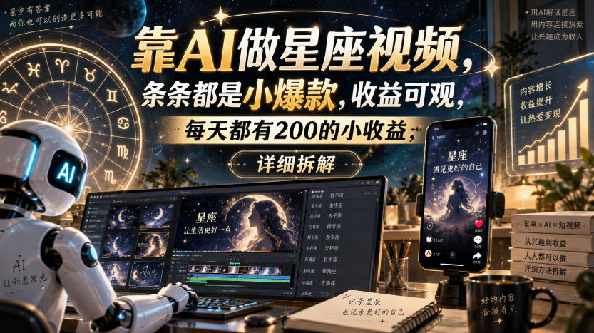 靠AI做星座视频，条条都是小爆款，收益可观，每天都有200的小收益，详细拆解-迦哆网创社