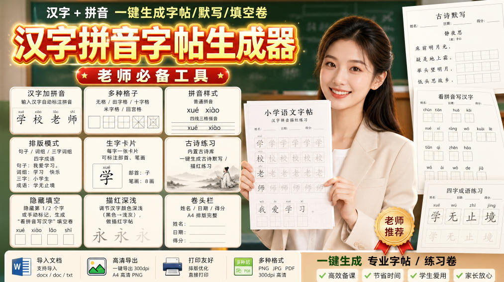 学习神器，汉字拼音字帖生成器，汉字+拼音 一键生成字帖/默写/填空卷，支持词组、成语，老师、家长必备-迦哆网创社