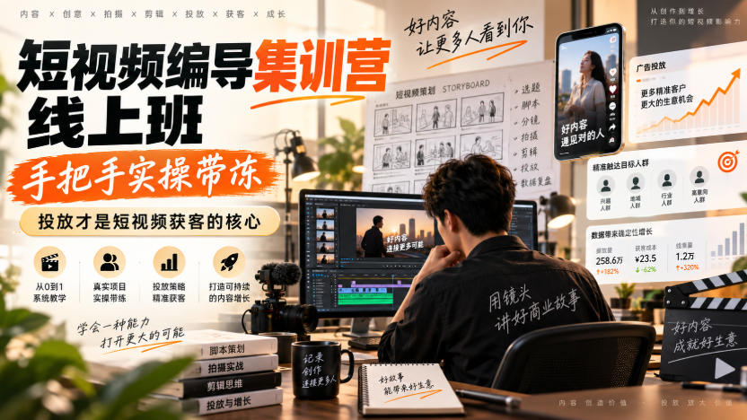 短视频编导集训营线上班，手把手实操带冻，投放才是短视频获客的核心-迦哆网创社