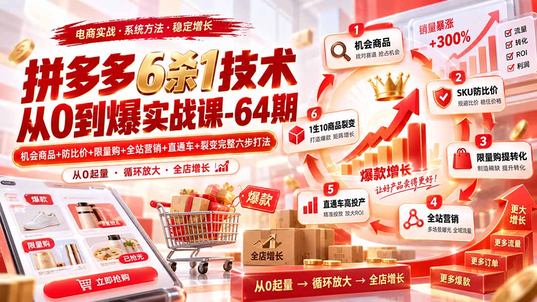 拼多多6杀1技术从0到爆实战课-64期：机会商品+防比价+限量购+全站营销+直通车+裂变完整六步打法-迦哆网创社
