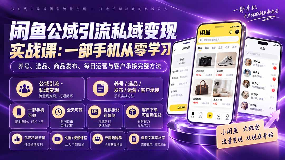 闲鱼公域引流私域变现实战课：一部手机从零学习养号、选品、商品发布、每日运营与客户承接完整方法-迦哆网创社