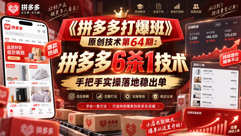 《拼多多打爆班》原创技术第64期：拼多多6杀1技术，手把手实操落地稳出单-迦哆网创社