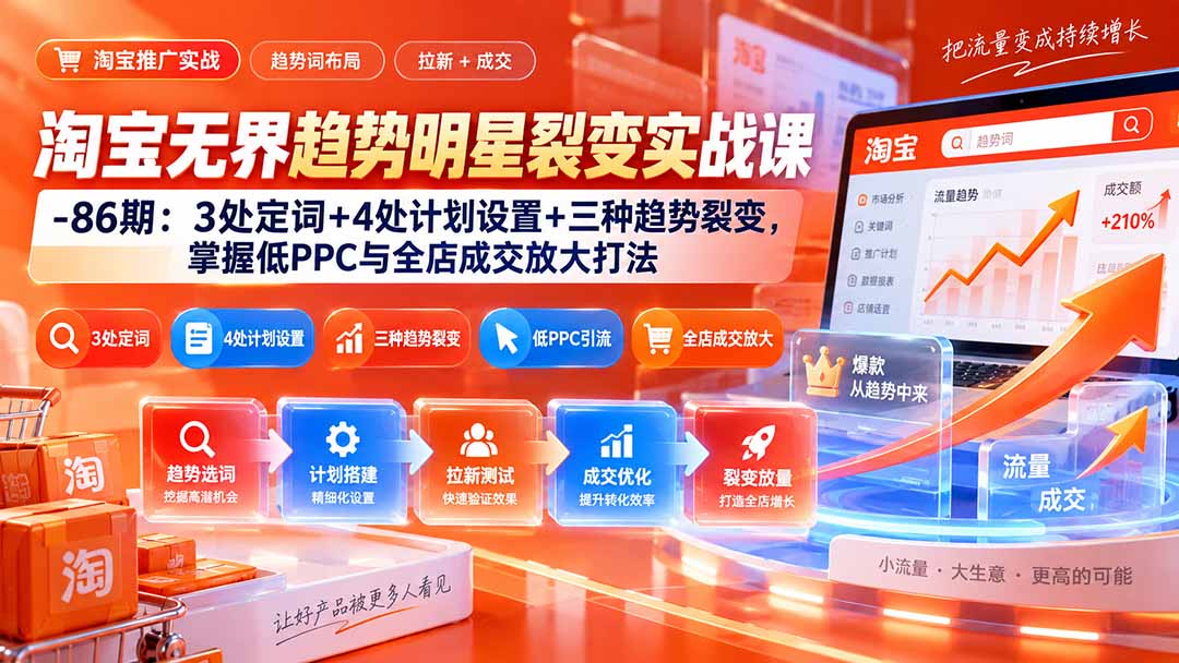 淘宝无界趋势明星裂变实战课-86期：3处定词+4处计划设置+三种趋势裂变，掌握低PPC与全店成交放大打法-迦哆网创社