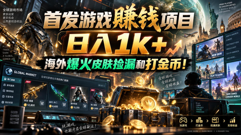 首发游戏賺钱项目，日入1k+，海外爆火皮肤捡漏和打金币！【揭秘】-迦哆网创社