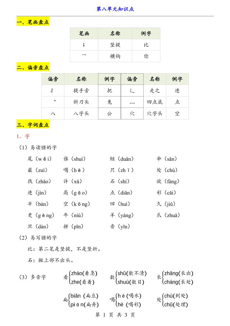 新一上语文第8单元（知识点）-迦哆网创社