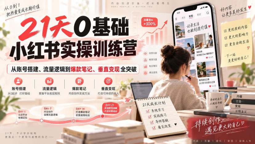 21天0基础小红书实操训练营｜从账号搭建、流量逻辑到爆款笔记、垂直变现全突破-迦哆网创社