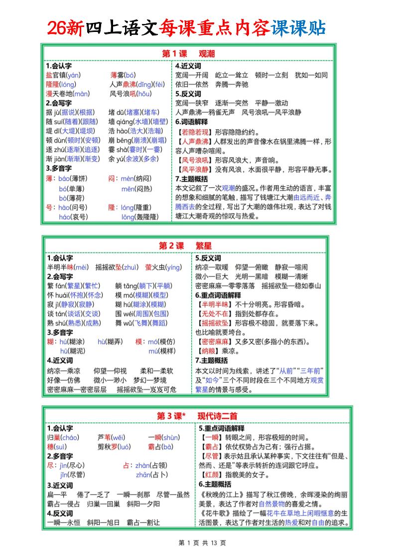 26新四上语文每课重点内容课课贴13页-迦哆网创社