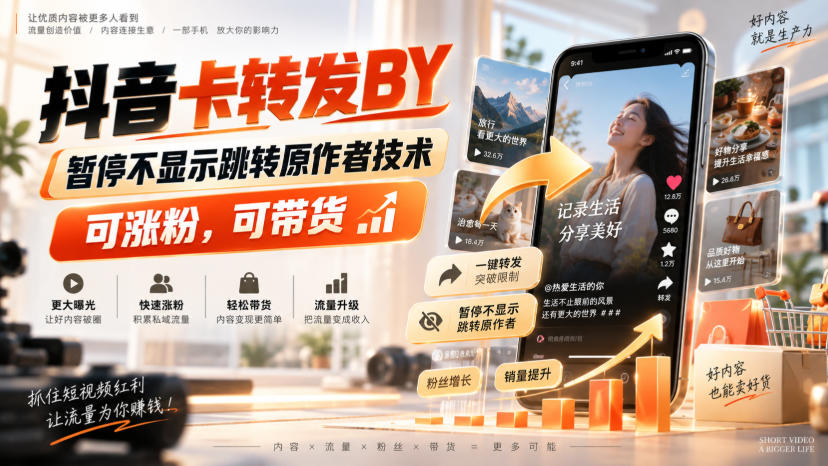 抖音卡转发搬运,暂停不显示跳转原作者技术,可涨粉,可带货-迦哆网创社