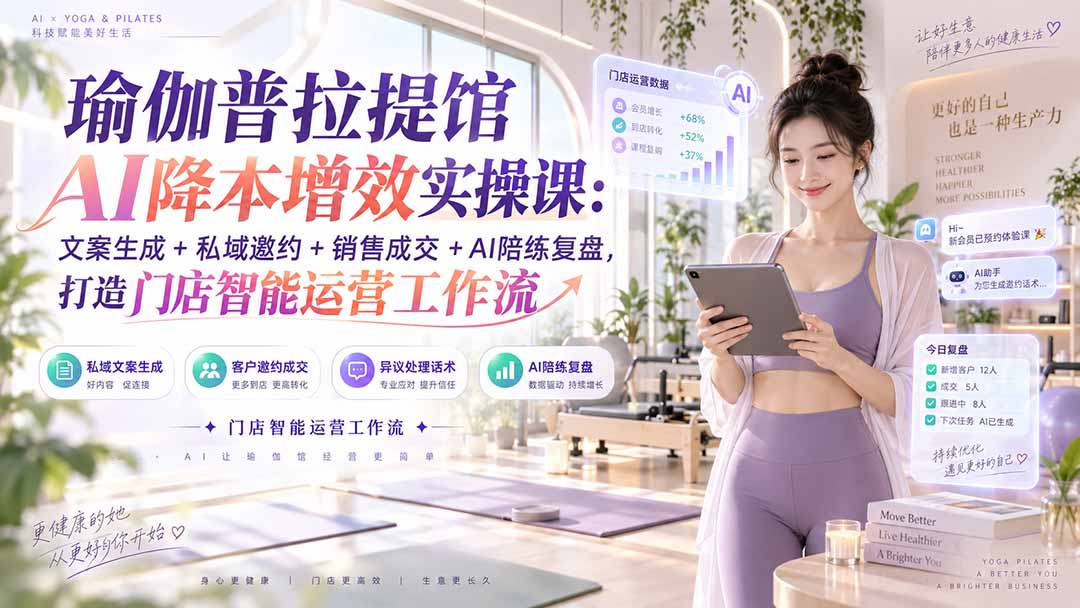 瑜伽普拉提馆AI降本增效实操课:文案生成+私域邀约+销售成交+AI陪练复盘,打造门店智能运营工作流-迦哆网创社