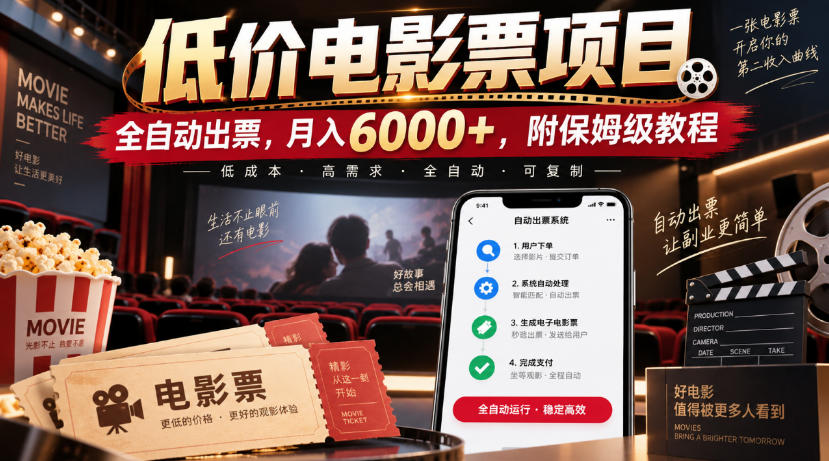 低价电影票项目,全自动出票,月入6000+,附保姆级教程【揭秘】-迦哆网创社