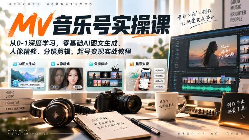 AI MV音乐号实操课，从0-1深度学习，零基础AI图文生成、人像精修、分镜剪辑、起号变现实战教程-迦哆网创社
