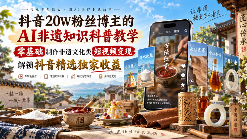 抖音20W粉丝博主的AI非遗知识科普教学，零基础制作非遗文化类短视频变现，解锁抖音精选独家收益-迦哆网创社