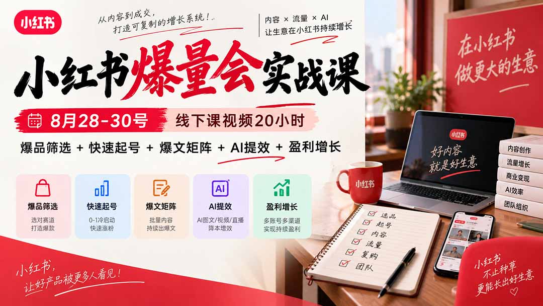 小红书爆量会实战课:8月28-30号线下课视频20小时,爆品筛选+快速起号+爆文矩阵+AI提效+盈利增长-迦哆网创社