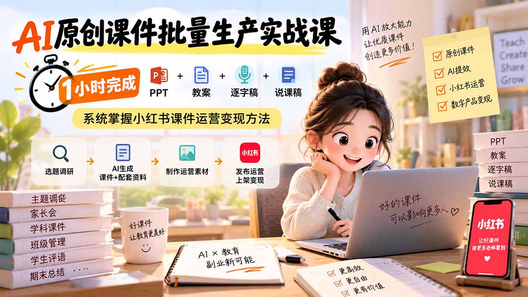 AI原创课件批量生产实战课：1小时完成PPT+教案+逐字稿+说课稿，系统掌握小红书课件运营变现方法-迦哆网创社