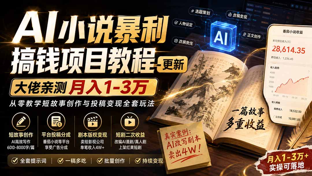 AI小说短故事暴利搞钱项目教程-更新,大佬亲测月入1-3万,从零教学短故事创作与投稿变现全套玩法-迦哆网创社