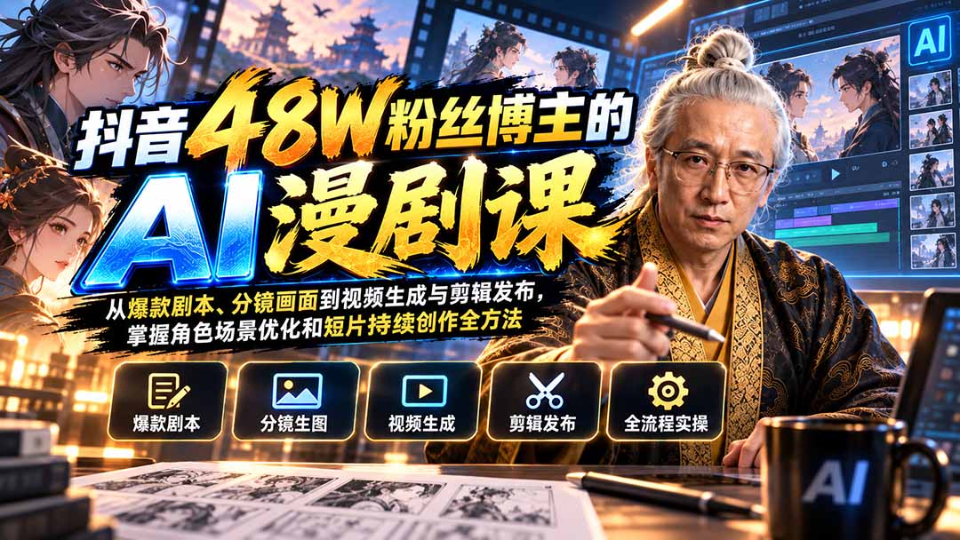 抖音48W粉丝博主的AI漫剧课：从爆款剧本、分镜画面到视频生成与剪辑发布，掌握角色场景优化和短片持续创作全方法-迦哆网创社