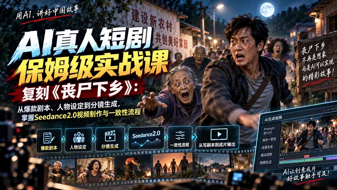 AI真人短剧保姆级实战课,复刻《丧尸下乡》:从爆款剧本、人物设定到分镜生成,掌握Seedance2.0视频制作与一致性流程-迦哆网创社