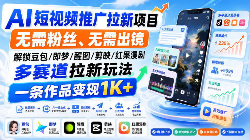 AI短视频推广拉新项目，无需粉丝、无需出镜，解锁豆包/即梦/醒图/剪映/红果漫剧多赛道拉新玩法，一条作品变现1K+(更新0910)-迦哆网创社