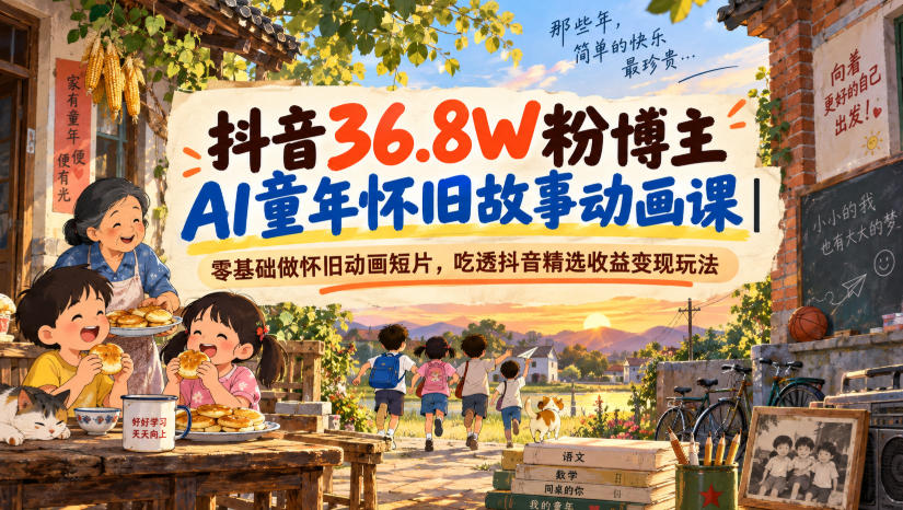 抖音36.8W粉博主AI童年怀旧故事动画课｜零基础做怀旧动画短片，吃透抖音精选收益变现玩法-迦哆网创社
