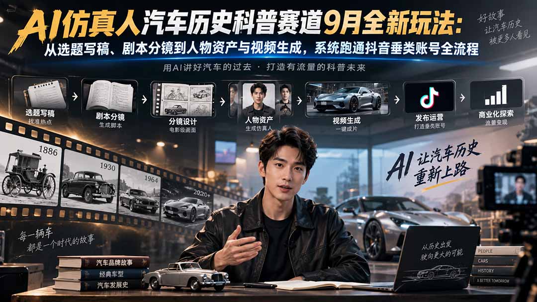 AI仿真人汽车历史科普赛道9月全新玩法:从选题写稿、剧本分镜到人物资产与视频生成,系统跑通抖音垂类账号全流程-迦哆网创社