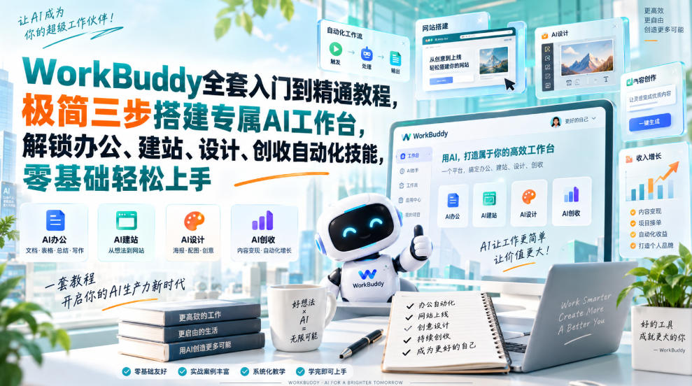 WorkBuddy全套入门到精通教程,极简三步搭建专属AI工作台,解锁办公、建站、设计、创收自动化技能,零基础轻松上手-迦哆网创社