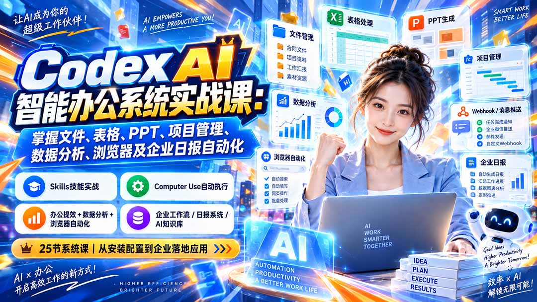 Codex AI智能办公系统实战课：掌握文件、表格、PPT、项目管理、数据分析、浏览器及企业日报自动化-迦哆网创社